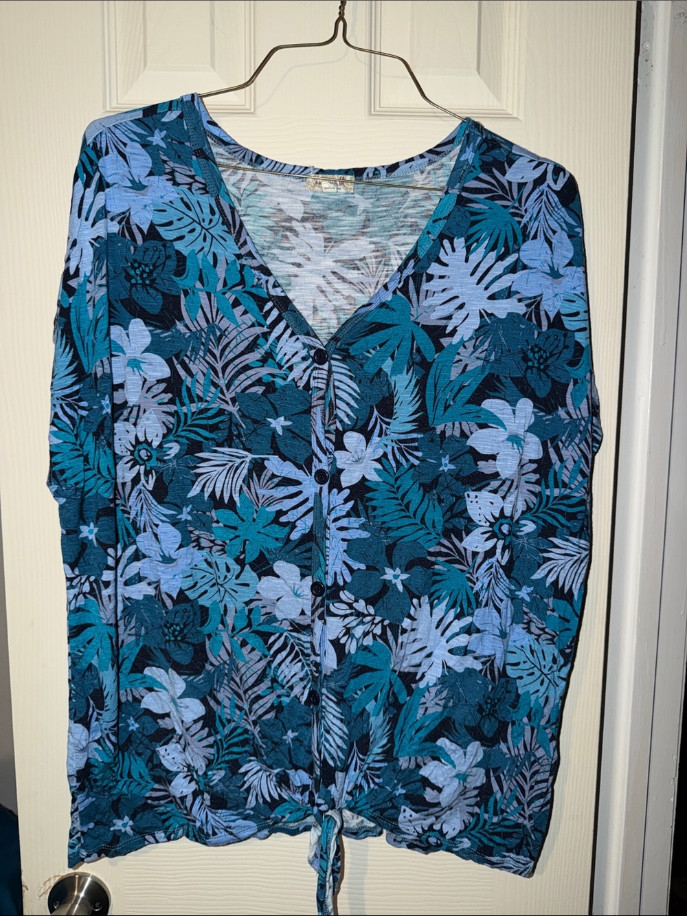 ONE WORLD Teal & Light Blue Tropical V-Neck Blouse